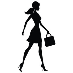 Silhouette of a woman walking with a purse, isolated on white background