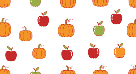 Seamless pattern with pumpkins and apples