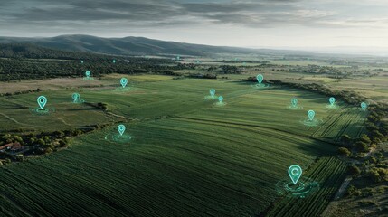 green agricultural land parcel with location markers representing real estate development and smart farming technology