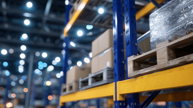 Medium shot of warehouse metal rack parts organized for setup, beams and brackets in focus, ambient lighting highlighting steel texture, ready for cardboard boxes and inventory
