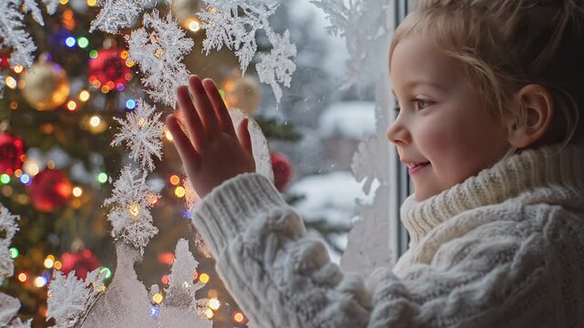 A little girl in a cozy sweater, her face lighting up with a smile as she gazes at a beautifully decorated Christmas tree through a frosty window.
