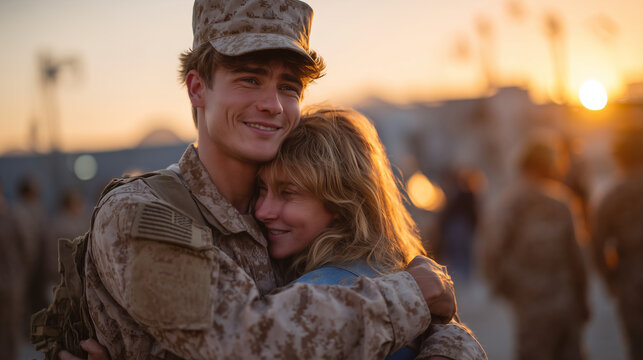Soldier in uniform embracing a loved one tightly as the golden sunset casts warm light across a military gathering, silhouettes of fellow service members standing respectfully near