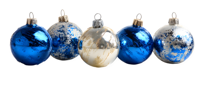 Blue and silver Christmas ornament ball set with reflections isolated on white background