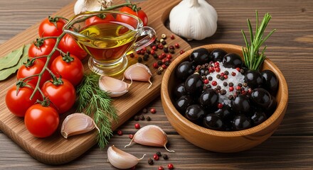 Delicious Mediterranean ingredients featuring fresh black olives cherry tomatoes olive oil and garlic cloves
