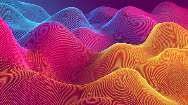 Vibrant abstract landscape featuring flowing lines in shades of blue, pink, and orange, reminiscent of a digital topographic map. - Powered by Adobe