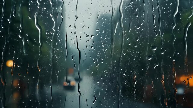 A close-up view of raindrops clinging to a windowpane, blurring the urban landscape and distant lights outside on a gloomy day.