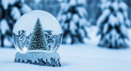 A beautiful winter snow globe with a miniature Christmas tree sitting outdoors in a blanket of fresh white snow