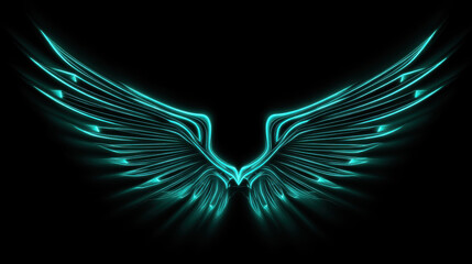 A symmetrical, wing-like shape made of sharp, glowing neon cyan lines on a dark background. Angelic and futuristic.