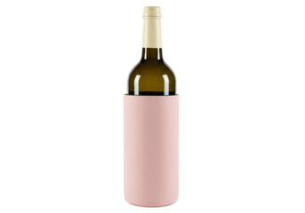 Isolated wine bottle in pale pink cooler sleeve, on a clean backdrop, close up view