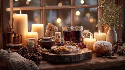 Fototapeta premium cozy winter table with mulled wine and candles
