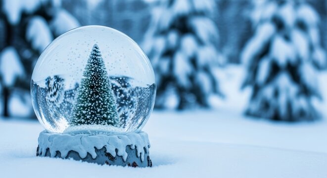 A beautiful winter snow globe with a miniature Christmas tree sitting outdoors in a blanket of fresh white snow