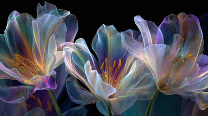 Obraz premium Three translucent, ethereal flowers with intricate details. Their delicate petals, in shades of blue, purple, and gold, are beautifully illuminated against a dark background