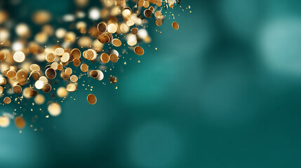 A festive arrangement of glowing golden lights and sparkling decorations creating a warm and elegant holiday atmosphere on a deep teal background