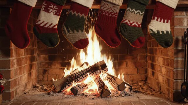 Vibrant Christmas stockings swaying gently above a crackling fireplace, each one bursting with the promise of holiday magic and cozy memories waiting to unfold.