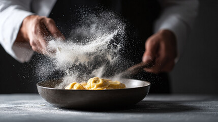 Chef sprinkling flour over pasta. Captures the art of cooking, skill, and the deliciousness of handmade food. Ideal for culinary blogs, menus and advertising.