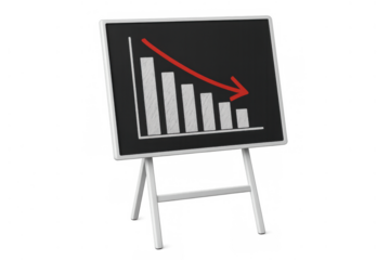 Financial bar chart showing business decline and economic loss on a presentation board with a red arrow pointing down