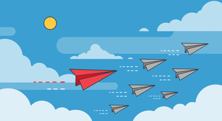 Red Paper Airplane Leading a Group in the Blue Sky with Cloud Formations Artwork