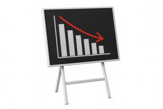 Financial bar chart showing business decline and economic loss on a presentation board with a red arrow pointing down