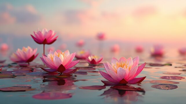 pink lotus flowers floating on calm water surface at sunset spiritual harmony and tranquility concept zen meditation buddhist practice mothers day card design