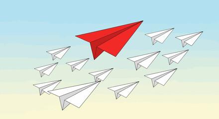 Symbolic leadership illustration of paper airplanes with red leading the group in flight formation