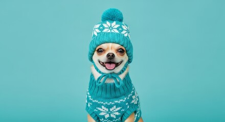 Adorable chihuahua dog happily posing in a festive warm teal knitted hat and sweater with snowflake design