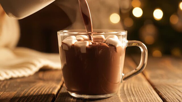 Hot chocolate being poured with marshmallows in glass mug  