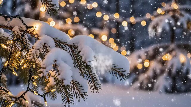 Snow-covered pine branches with festive lights in winter landscape  
