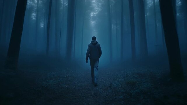 A lone figure walks into a mysterious, foggy blue forest.