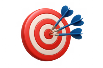 Darts hitting bullseye on target, representing business success, achieving goals, precision, accuracy, and clear focus