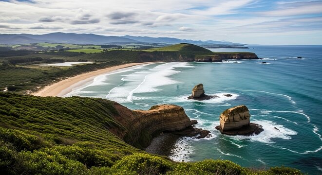Magnificent panoramic coastal vista with a beautiful sandy beach towering sea stacks and green cliffs