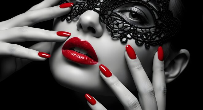 Woman in black lace mask with red lips - Powered by Adobe