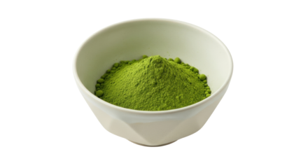 Isolated bowl filled with green matcha powder, ready to be used in drinks and desserts