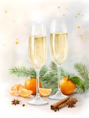Watercolor illustration of champagne glasses with tangerines, cinnamon and fir branches, festive New Year and Christmas celebration art
