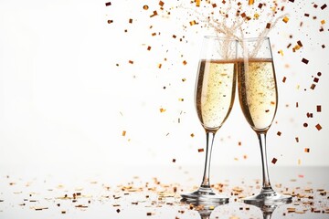Champagne glasses splashing with golden confetti, perfect toast.