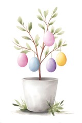 Watercolor illustration of Easter tree with pastel eggs hanging on branches in flower pot, minimal spring holiday decoration art
