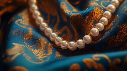 Obraz premium Elegant pearl necklace resting on luxurious teal fabric with golden patterns