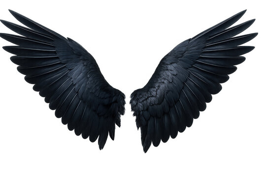Black feathered demonic wings spread wide, realistic dark angel or raven bird wings, transparent background