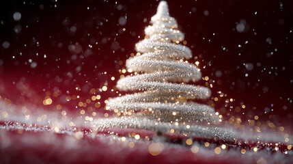 A beautifully decorated white Christmas tree glowing with warm fairy lights against a dark festive background with softly falling snow effects