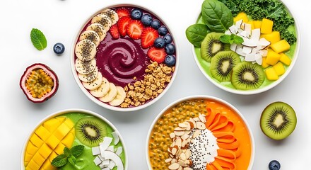 Assortment of colorful smoothie bowls healthy breakfast with fresh fruits and granola isolated on wh