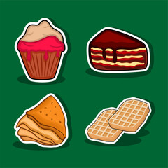 Assorted baked goods cupcake cake slice pancakes and waffles