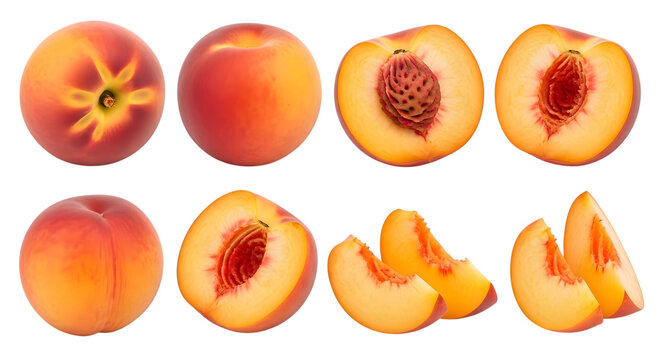 Fresh ripe peaches and sliced peach halves and wedges isolated on black background