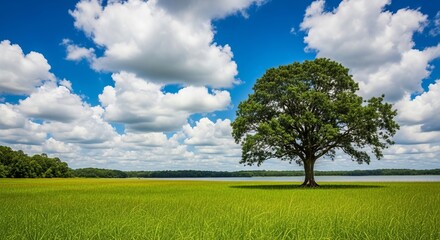 Scenic landscape with a lush green field and a majestic tree under a bright sky
