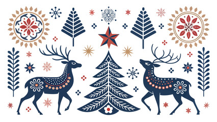 Festive christmas illustration with reindeer, christmas tree, snowflakes, and floral ornaments design silhouette © VectorVista