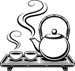 Asian Tea Ceremony Set – Black & White Bold Line Vector Illustration