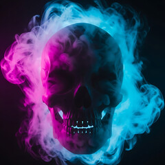 A skull shrouded in vibrant, swirling smoke, glowing with ethereal colors and set against a dark, mysterious background, creating a surreal and haunting atmosphere Illustration | Ethereal Horro