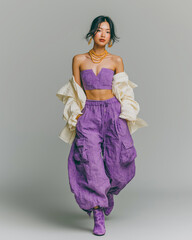 Energetic Asian Woman Walking in Lavender Crop Top and Baggy Cargo Pants Fashion Look