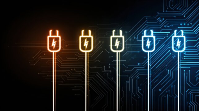 Electric Charging Icons Displayed With a Neon Circuit Pattern on a Dark Background