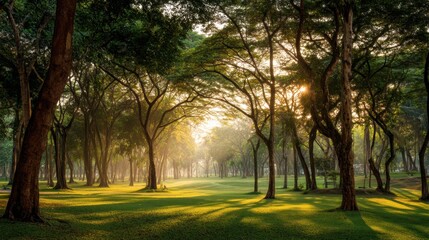 Naklejka premium Serene Morning at Golf Course Surrounded by Majestic Trees with Sunlight Filtering Through Leaves Creating a Peaceful Atmosphere