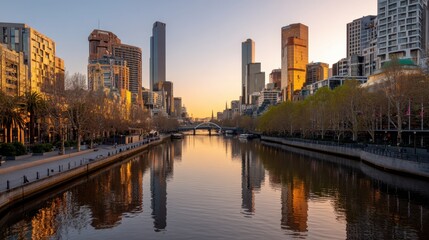 Obraz premium Serene Urban Landscape at Dawn with Calm River Reflecting City Buildings and Warm Golden Light in Melbourne, Australia