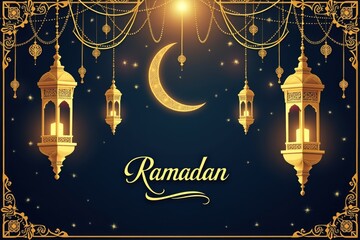 Ramadan kareem festive background with golden lanterns and moon